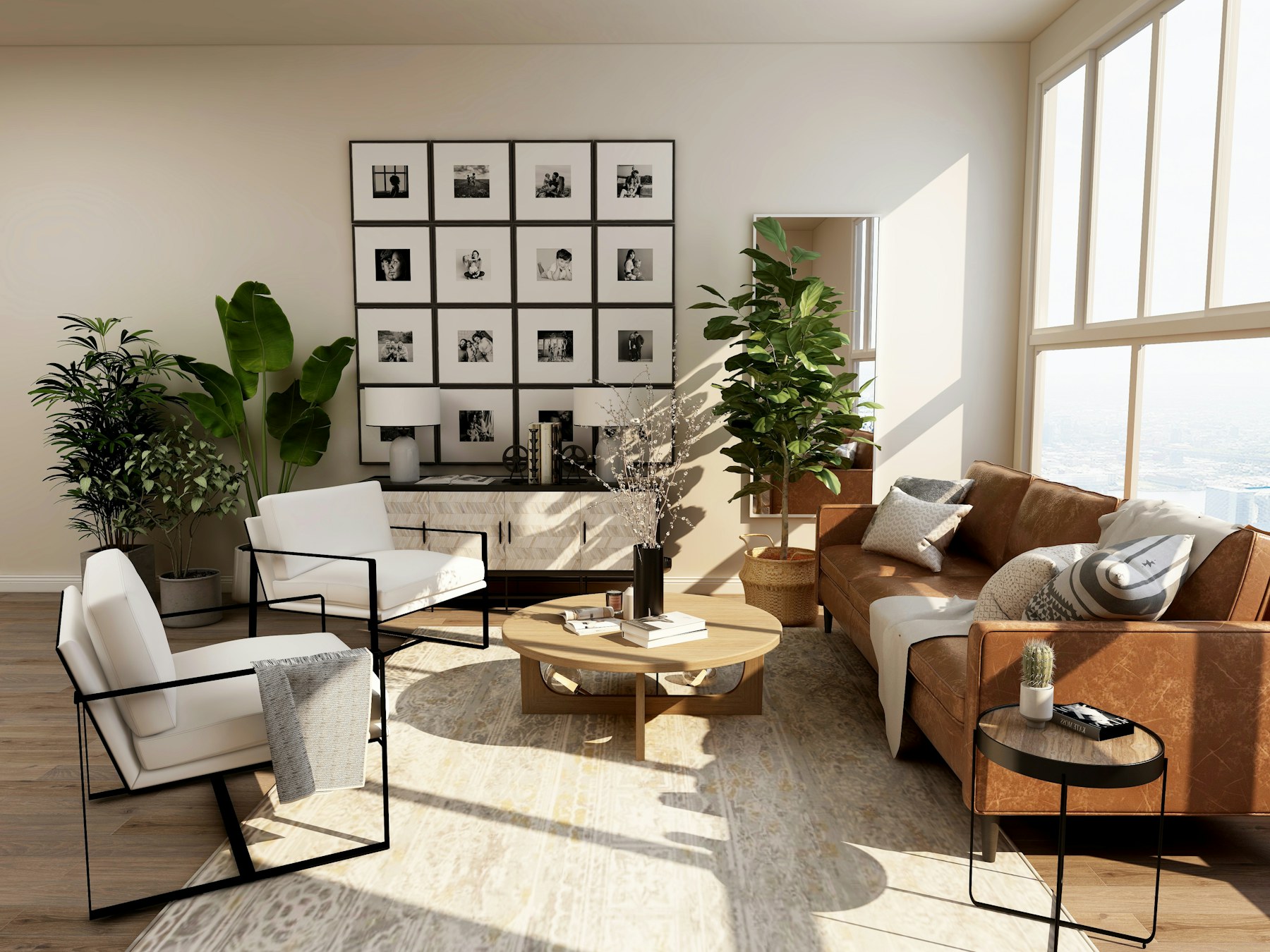 Warm interior with natural textures and carefully composed furniture
